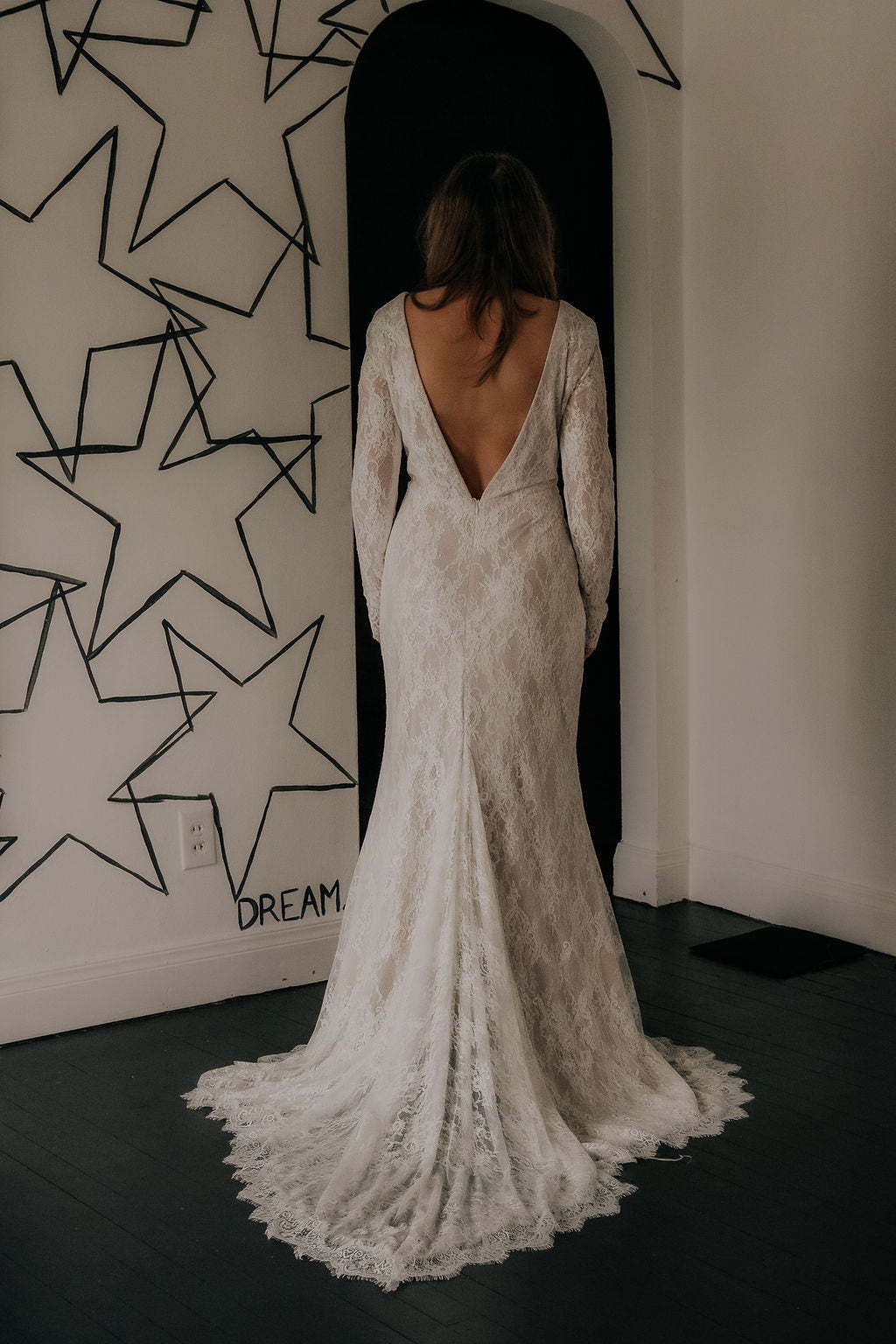 Double Lace Wedding Dress, Long Sleeves, Mermaid Skirt, Open Back |  KIMBERLY PHILLIPS CLOTHIER