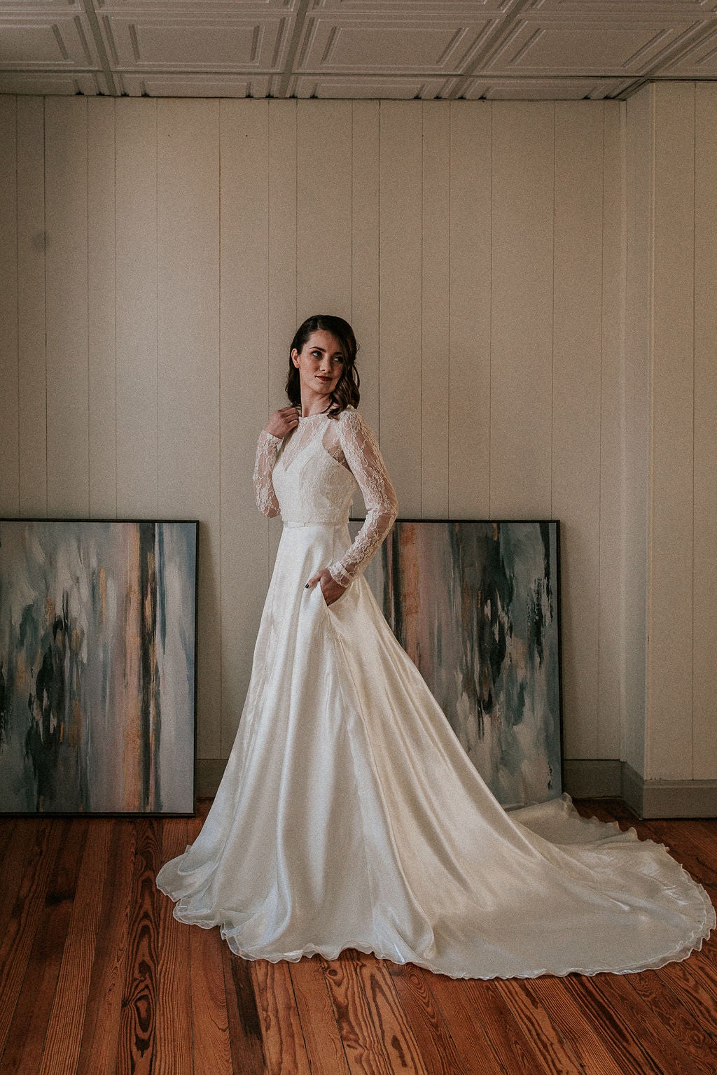 Lorainne- Lace and Organza Wedding Dress with Front Slit, Pockets, image size:1024x1536