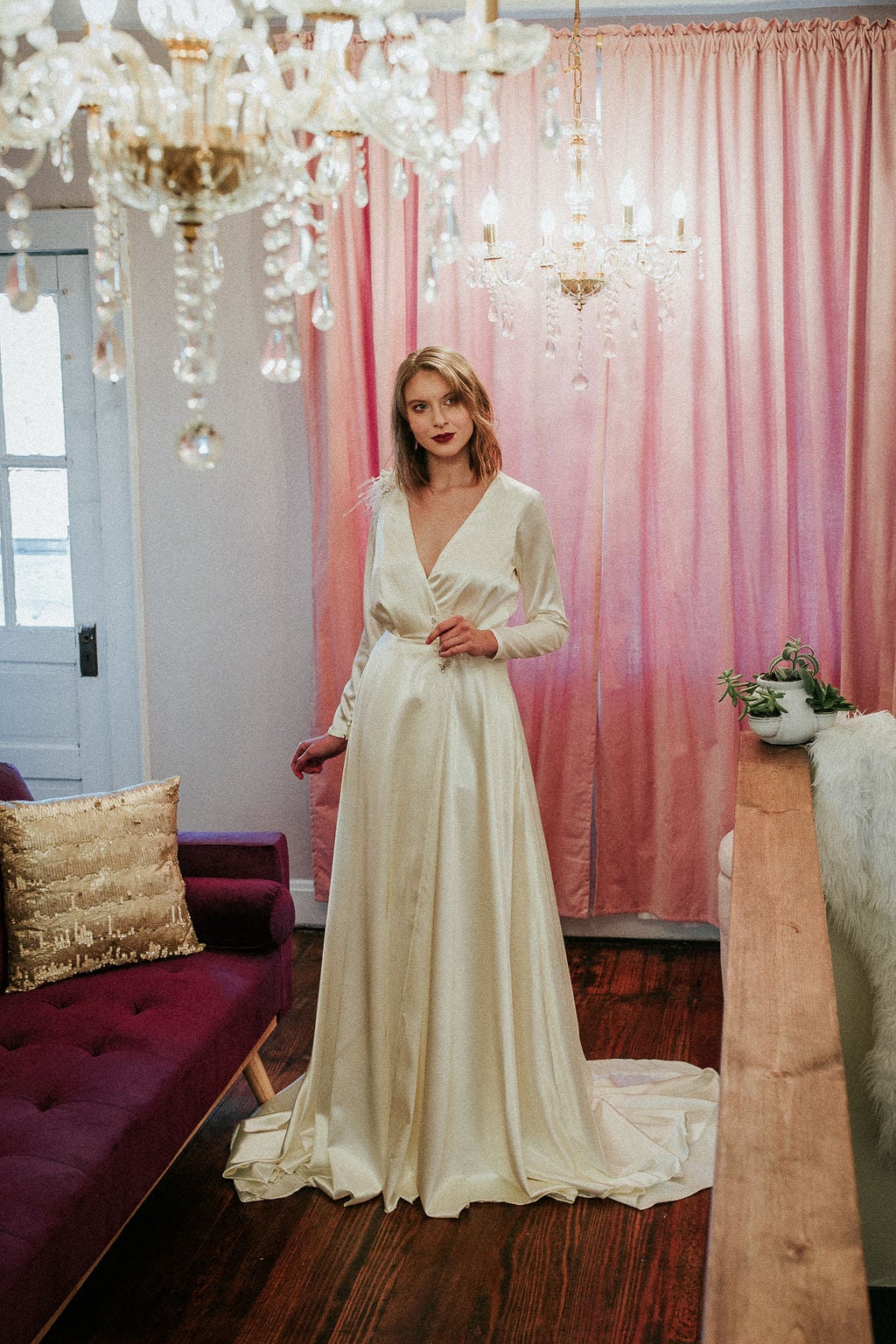 Satin Bridal Wrap Wedding Gown with Sleeves | KIMBERLY PHILLIPS CLOTHIER