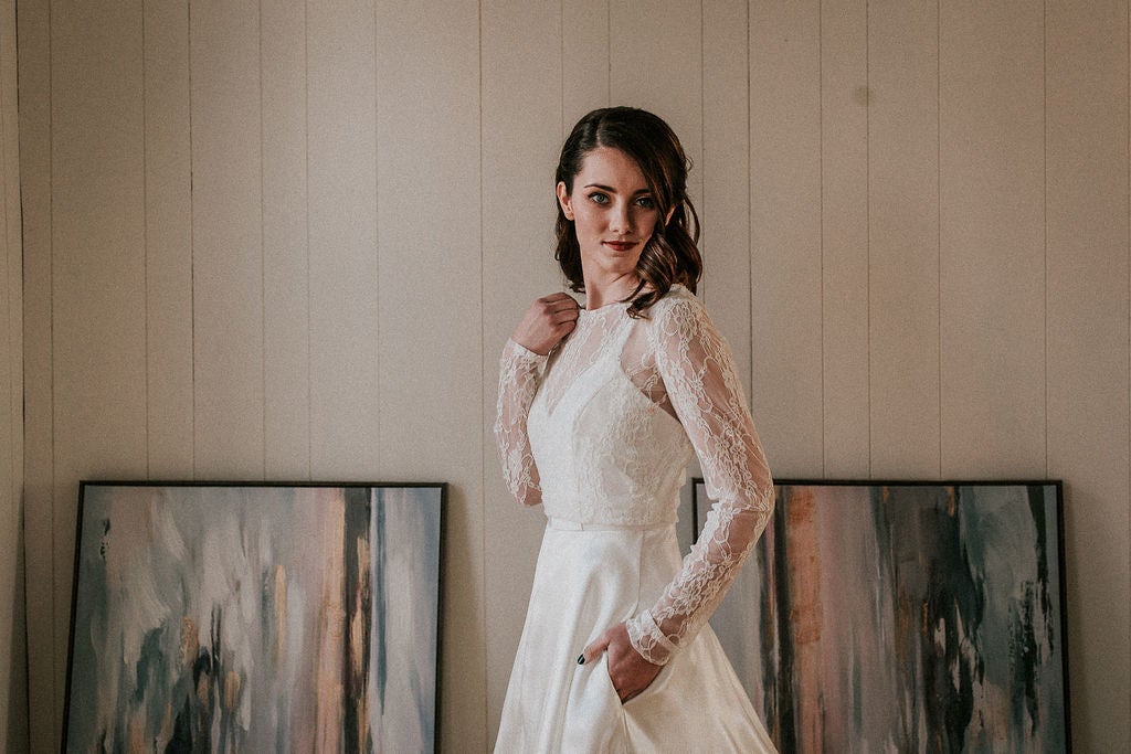 slim fit dress slacks Fit-And-Flare Long White Wedding Dress with Low V-Neck Off White / Medium