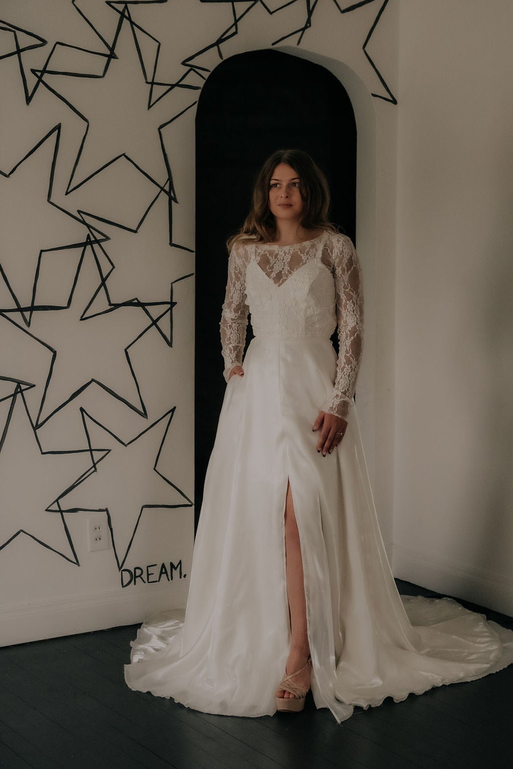 open lace back dress Off-Shoulder Organza Slit Custom Destination Wedding Dress main image 0