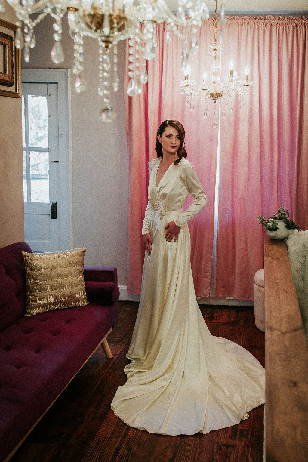satin long sleeve wedding dress Elegant and Timeless Satin Wedding Dress with Long Sleeves Brizeux  4US/36FR/8UK / Milk