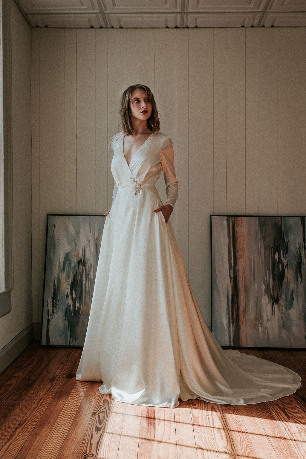 Satin Bridal Wrap Wedding Gown with Sleeves KIMBERLY PHILLIPS