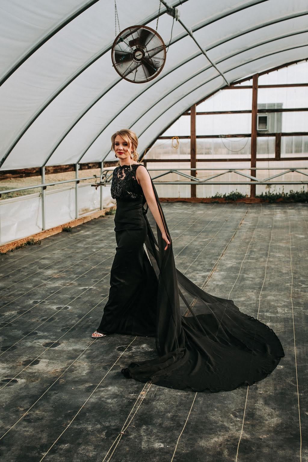 black prom dress with cape Black Beaded Long Prom Dresses with Slit Cape Sleeves Train