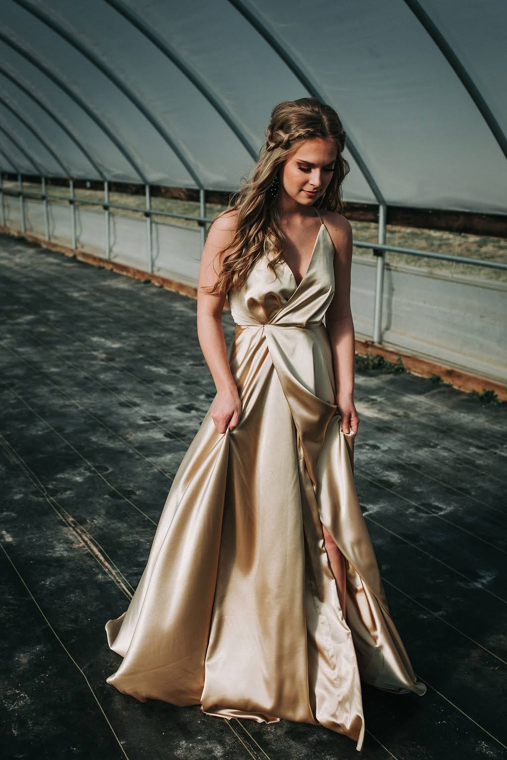 slim fit dress slacks OLD GOLD LUSTRE SATIN WRAP DRESS – Carla Zampatti main image 0