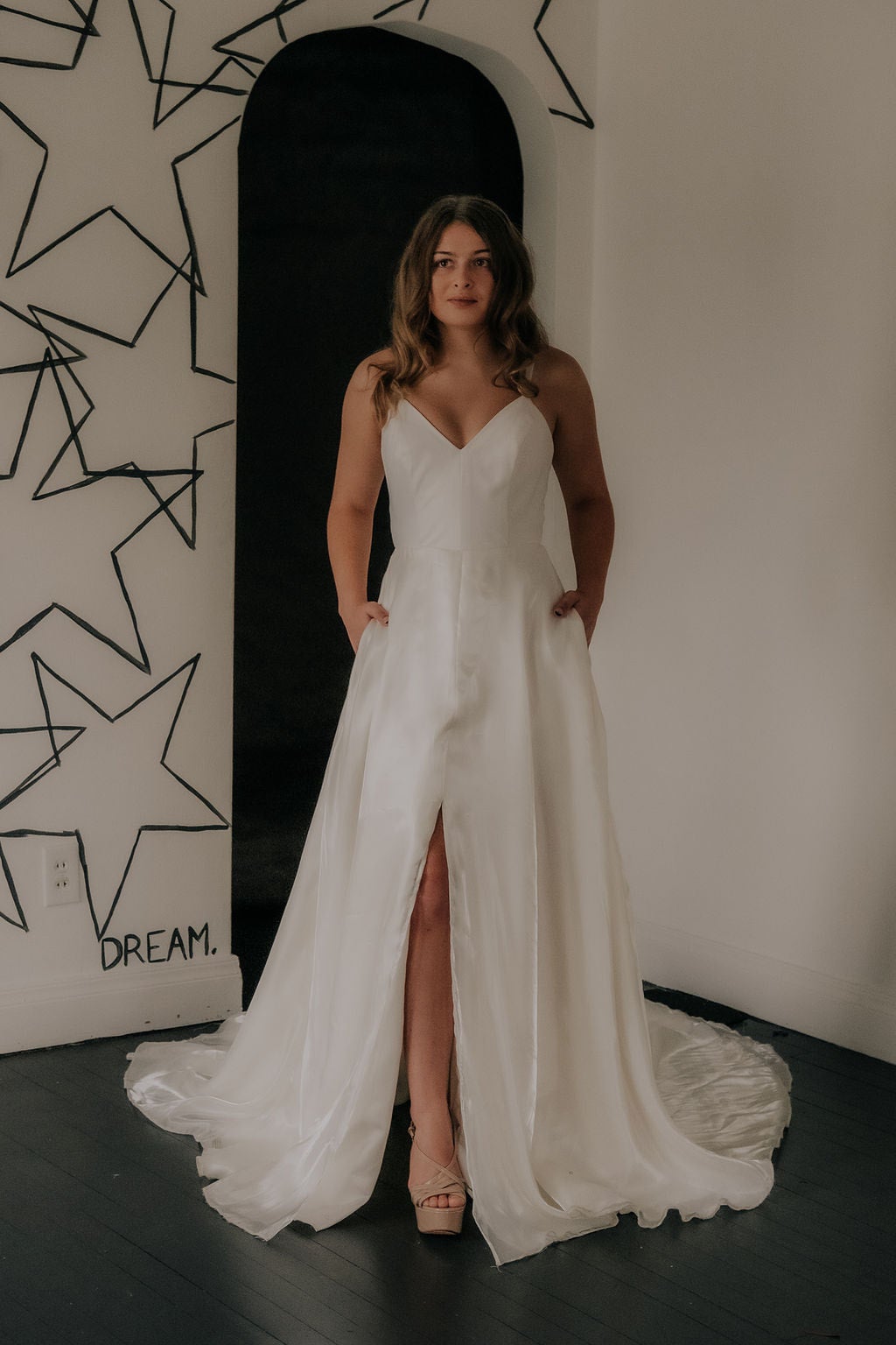 Lorainne- Lace and Organza Wedding Dress with Front Slit, Pockets